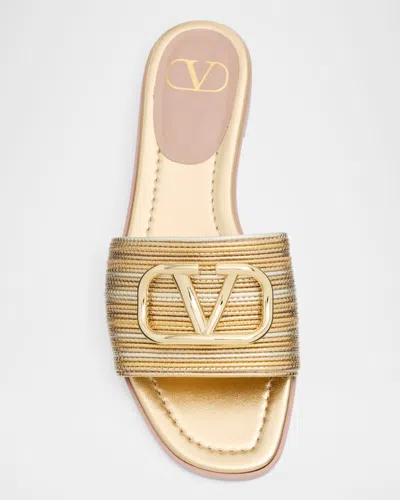 Valentino Garavani Vlogo Signature Metallic Leather Slide Sandal With Cornely Embroidery Woman Gold
