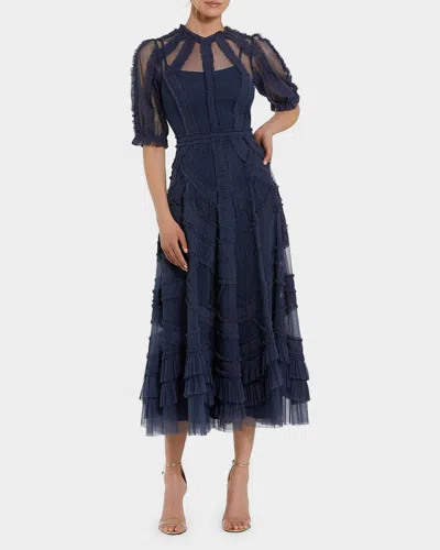 Mac Duggal High Neck Puff Sleeve Ruffle Tiered Dress In Midnight