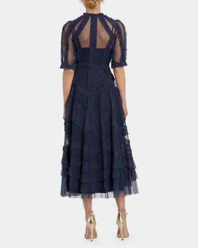 Mac Duggal High Neck Puff Sleeve Ruffle Tiered Dress In Midnight