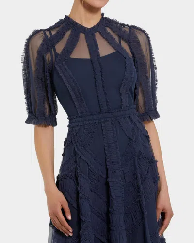 Mac Duggal High Neck Puff Sleeve Ruffle Tiered Dress In Midnight