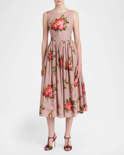 Dolce & Gabbana Abito Midi In Cotone Rosa Con Stampa Fiori Dolce E Gabbana In Pink