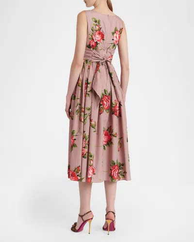 Dolce & Gabbana Abito Midi In Cotone Rosa Con Stampa Fiori Dolce E Gabbana In Pink