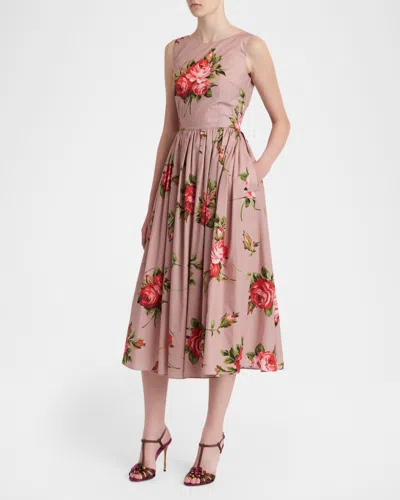 Dolce & Gabbana Abito Midi In Cotone Rosa Con Stampa Fiori Dolce E Gabbana In Pink
