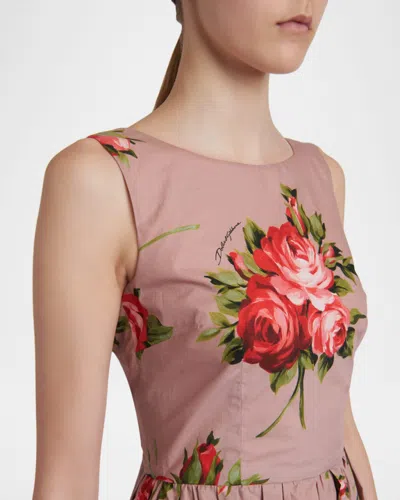 Dolce & Gabbana Abito Midi In Cotone Rosa Con Stampa Fiori Dolce E Gabbana In Pink