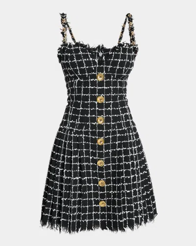 Balmain Buttoned Check Tweed Chain-strap Mini Dress In Black