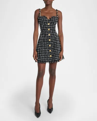 Balmain Buttoned Check Tweed Chain-strap Mini Dress In Black