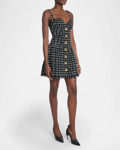 Balmain Buttoned Check Tweed Chain-strap Mini Dress In Black