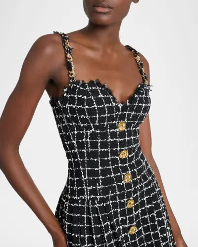 Balmain Buttoned Check Tweed Chain-strap Mini Dress In Black