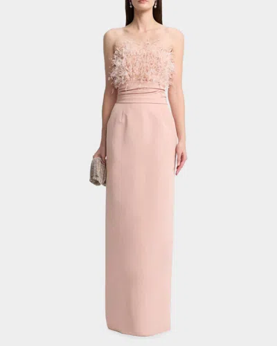 Oscar De La Renta Feather-trimmed Silk Faille Bustier Gown In Pink