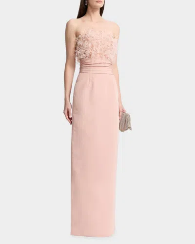 Oscar De La Renta Feather-trimmed Silk Faille Bustier Gown In Pink