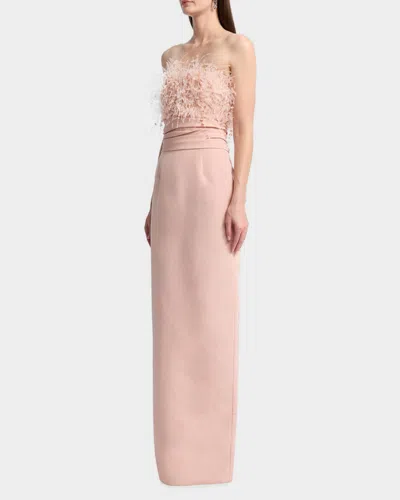 Oscar De La Renta Feather-trimmed Silk Faille Bustier Gown In Pink