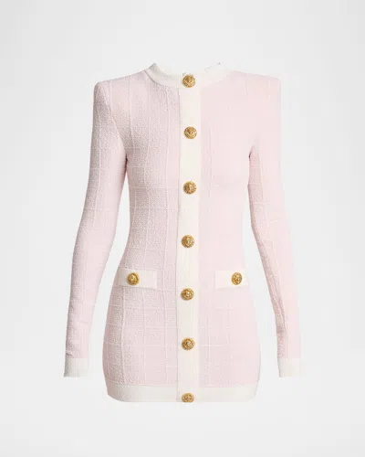 Balmain Buttoned Boucle Knit Strong-shoulder Mini Dress In Pink