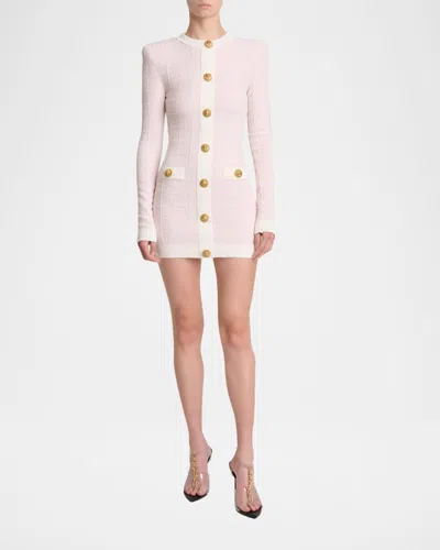 Balmain Buttoned Boucle Knit Strong-shoulder Mini Dress In Pink