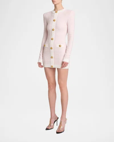Balmain Buttoned Boucle Knit Strong-shoulder Mini Dress In Pink
