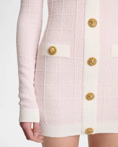 Balmain Buttoned Boucle Knit Strong-shoulder Mini Dress In Pink