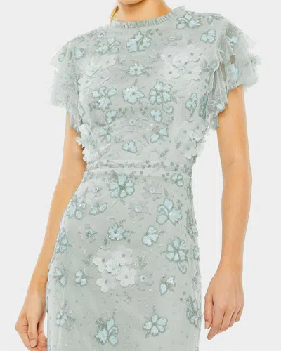 Mac Duggal Floral Embellished High Neck Flutter Sleeve Gown In Periwinkle