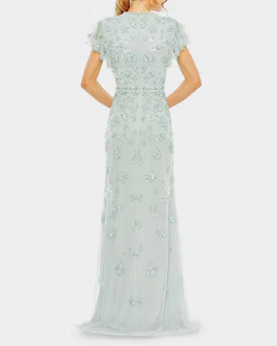 Mac Duggal Floral Embellished High Neck Flutter Sleeve Gown In Periwinkle