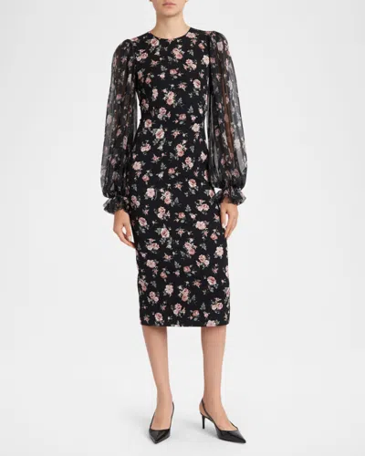 Dolce & Gabbana Women Black Dress With Round Neckline And All-over Floral Motif In Silk Blend Woman