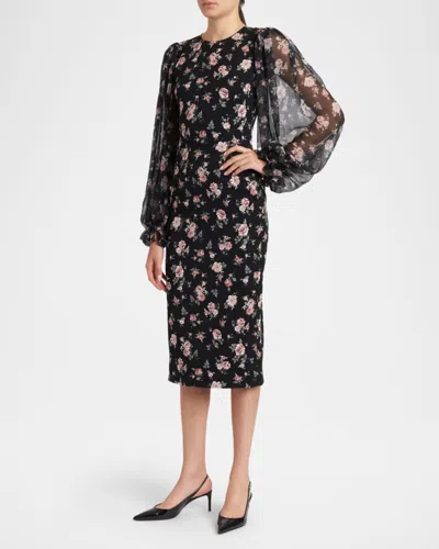 Dolce & Gabbana Women Black Dress With Round Neckline And All-over Floral Motif In Silk Blend Woman