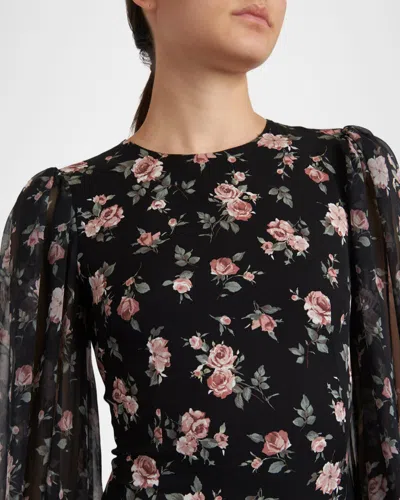 Dolce & Gabbana Women Black Dress With Round Neckline And All-over Floral Motif In Silk Blend Woman