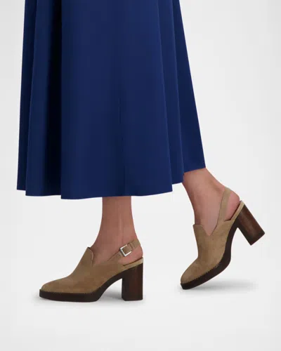 Bernardo Suede Heeled Loafer Slingback Clogs In Brown