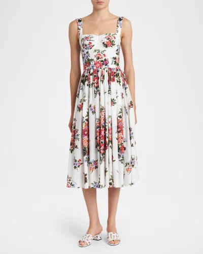 Dolce & Gabbana White Cotton Midi Dress With Floral Print Dolce E Gabbana In Multi