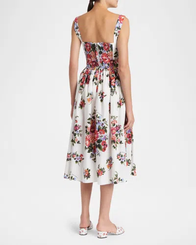Dolce & Gabbana White Cotton Midi Dress With Floral Print Dolce E Gabbana In Multi