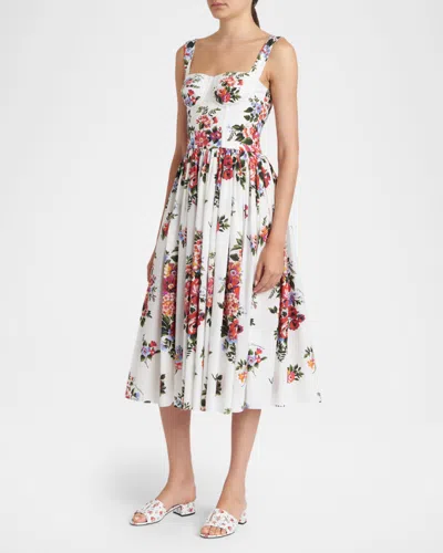 Dolce & Gabbana White Cotton Midi Dress With Floral Print Dolce E Gabbana In Multi