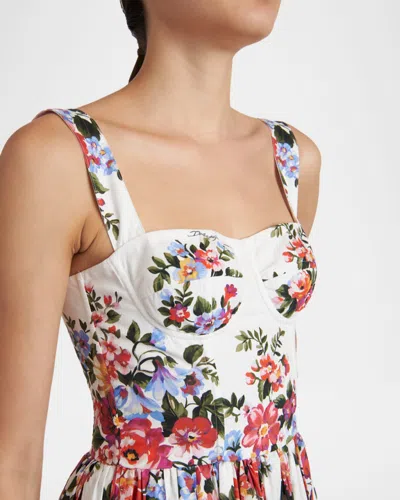 Dolce & Gabbana White Cotton Midi Dress With Floral Print Dolce E Gabbana In Multi