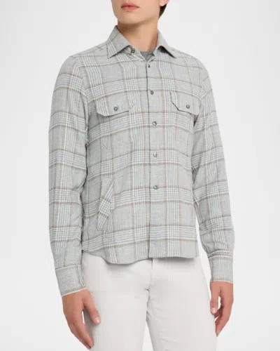 Kiton Men's Wool-blend Plaid Overshirt With Pockets In Gray