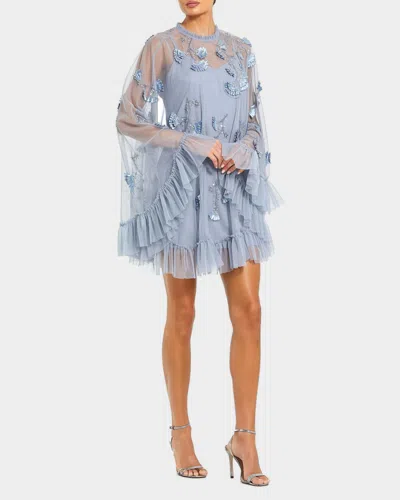 Mac Duggal Embellished Mesh A-line Dress With Flared Long Sleeves In Blue
