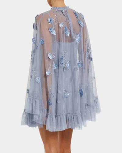 Mac Duggal Embellished Mesh A-line Dress With Flared Long Sleeves In Blue