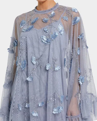 Mac Duggal Embellished Mesh A-line Dress With Flared Long Sleeves In Blue