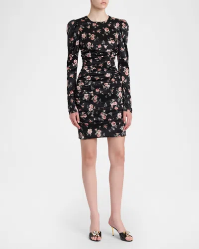 Dolce & Gabbana Black Dress With Floral Print And Side Draping In Silk Woman
