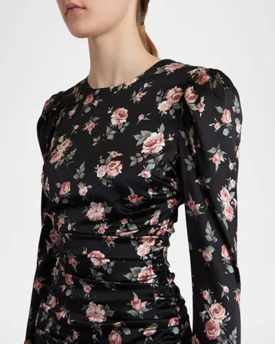 Dolce & Gabbana Black Dress With Floral Print And Side Draping In Silk Woman