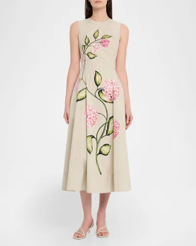 Oscar De La Renta Sleeveless Porcelain Flowers-print Midi Day Dress In Animal Print