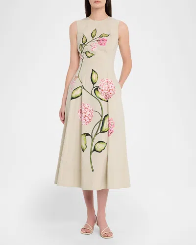 Oscar De La Renta Sleeveless Porcelain Flowers-print Midi Day Dress In Animal Print
