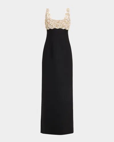 Oscar De La Renta Sleeveless Mother Of Pearl Embroidered Bustier Gown In Metallic
