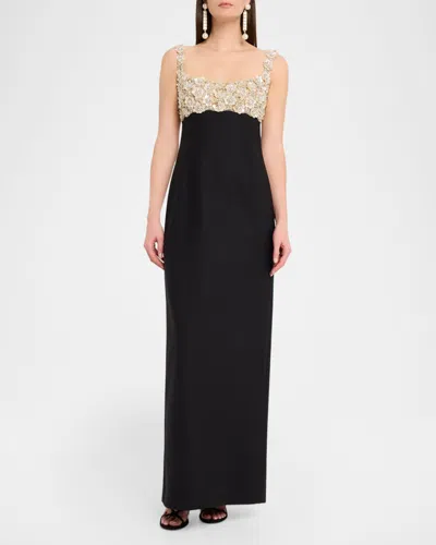 Oscar De La Renta Sleeveless Mother Of Pearl Embroidered Bustier Gown In Metallic