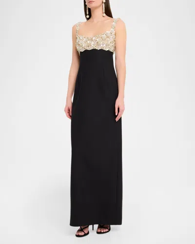 Oscar De La Renta Sleeveless Mother Of Pearl Embroidered Bustier Gown In Metallic