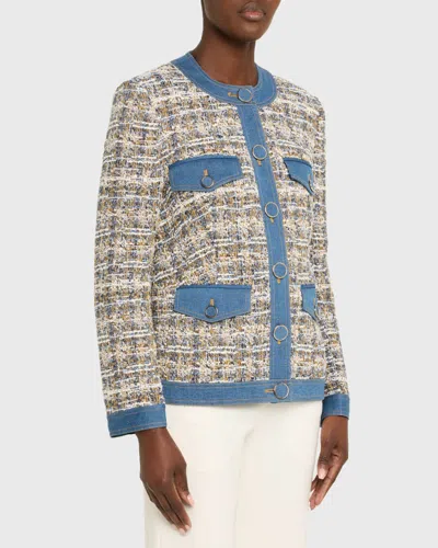 Veronica Beard Ainslie Denim-trimmed Cotton-blend Tweed Jacket In Blue