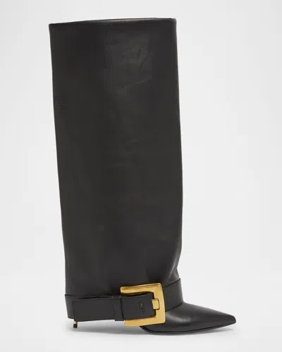 Balmain Knee-high Stiletto Boots Buckle Detail In Black
