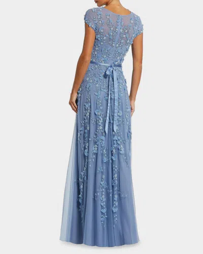 Mac Duggal Floral Embellished Short Sleeve Mesh Gown In Sky Blue