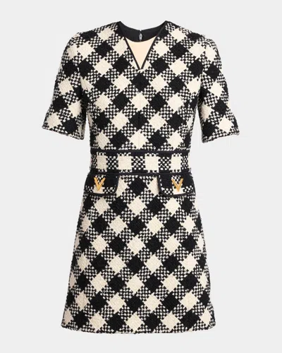 Valentino Womens Betulla Nero Diamond-check Textured Woven Mini Dress In Multi