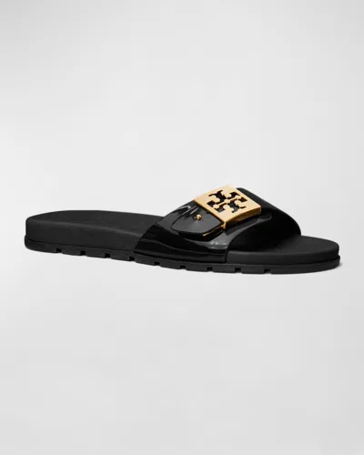 Tory Burch Patent Synthetic Leather Buckle Slide In Black