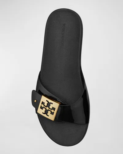 Tory Burch Patent Synthetic Leather Buckle Slide In Black