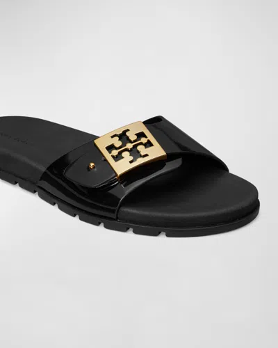 Tory Burch Patent Synthetic Leather Buckle Slide In Black