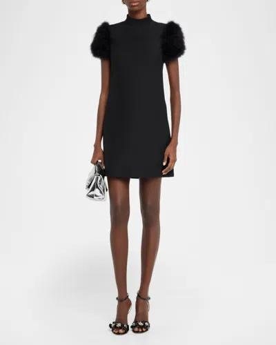 Valentino Short Crepe Couture Dress With Feathers Woman Black 42 In Black