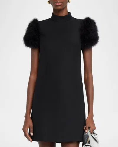 Valentino Short Crepe Couture Dress With Feathers Woman Black 42 In Black