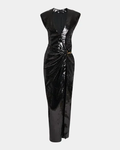 Balmain Long Draped Sequin Dress With Embellished Detail In Black